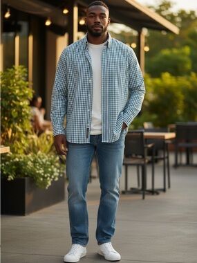 Izod Blue and White Gingham Button-Down Shirt